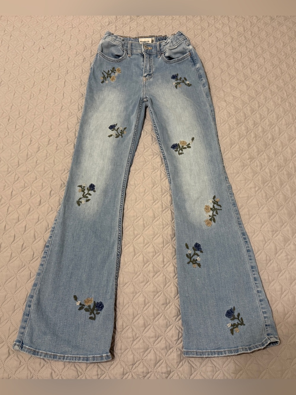 Abercrombie Kids Girls 13/14 Regular High-Rise Flare Jeans Blue Stretch Flowers